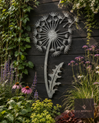 Metal dandelion clock wall art on a dark garden fence