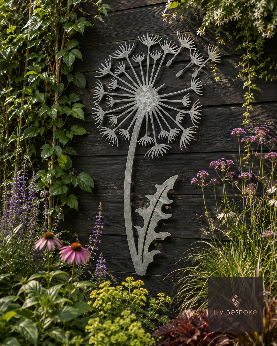 Metal dandelion clock wall art on a dark garden fence