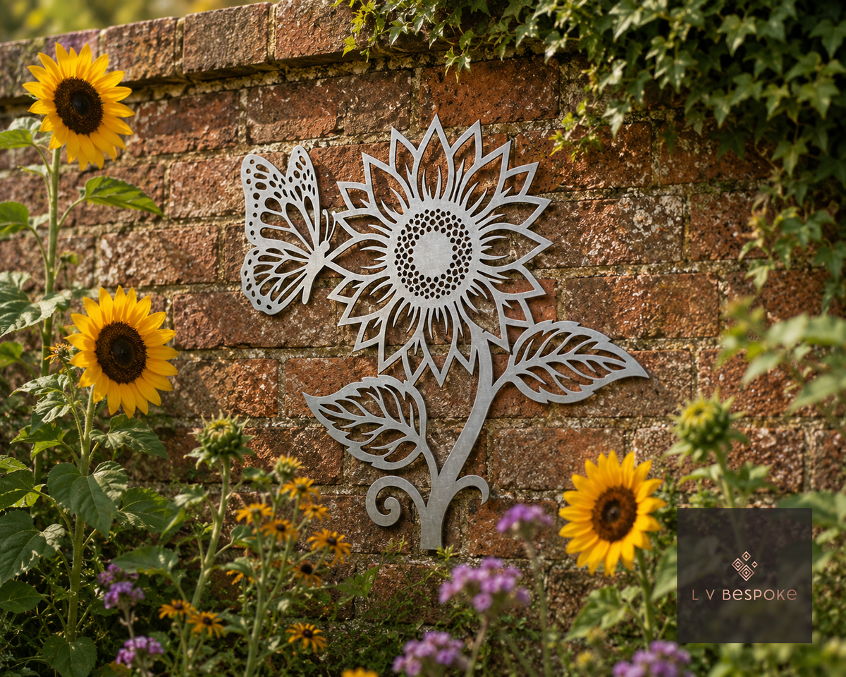 Metal sunflower and butterfly wall art beside sunflowers