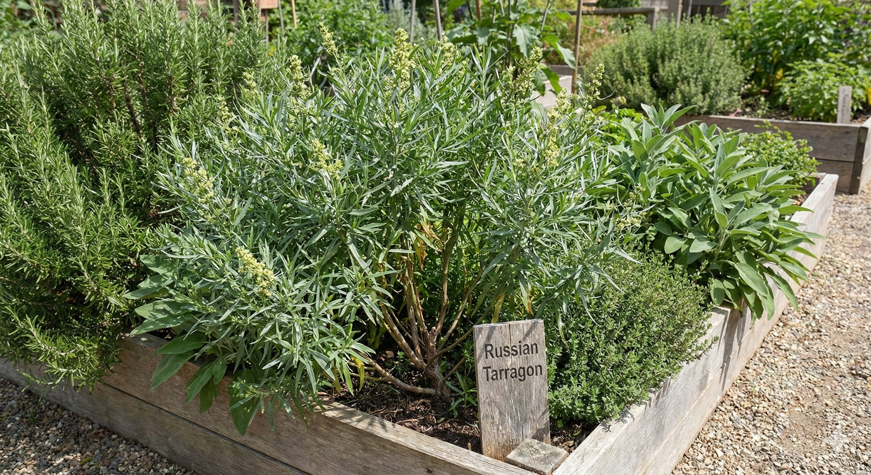 Garden bed with Russian Tarragon plant and a sign indicating the name.