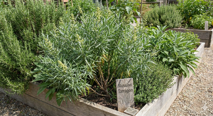 Garden bed with Russian Tarragon plant and a sign indicating the name.