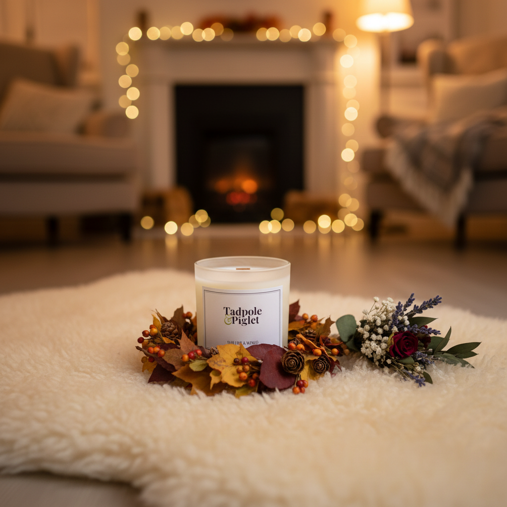 A Tadpole & Piglet Thai Lime & Mango Scented Candle sits on a fluffy white rug with autumn leaves, berries, and a bouquet nearby. String lights and a glowing fireplace add warmth to the cozy living room in the background.