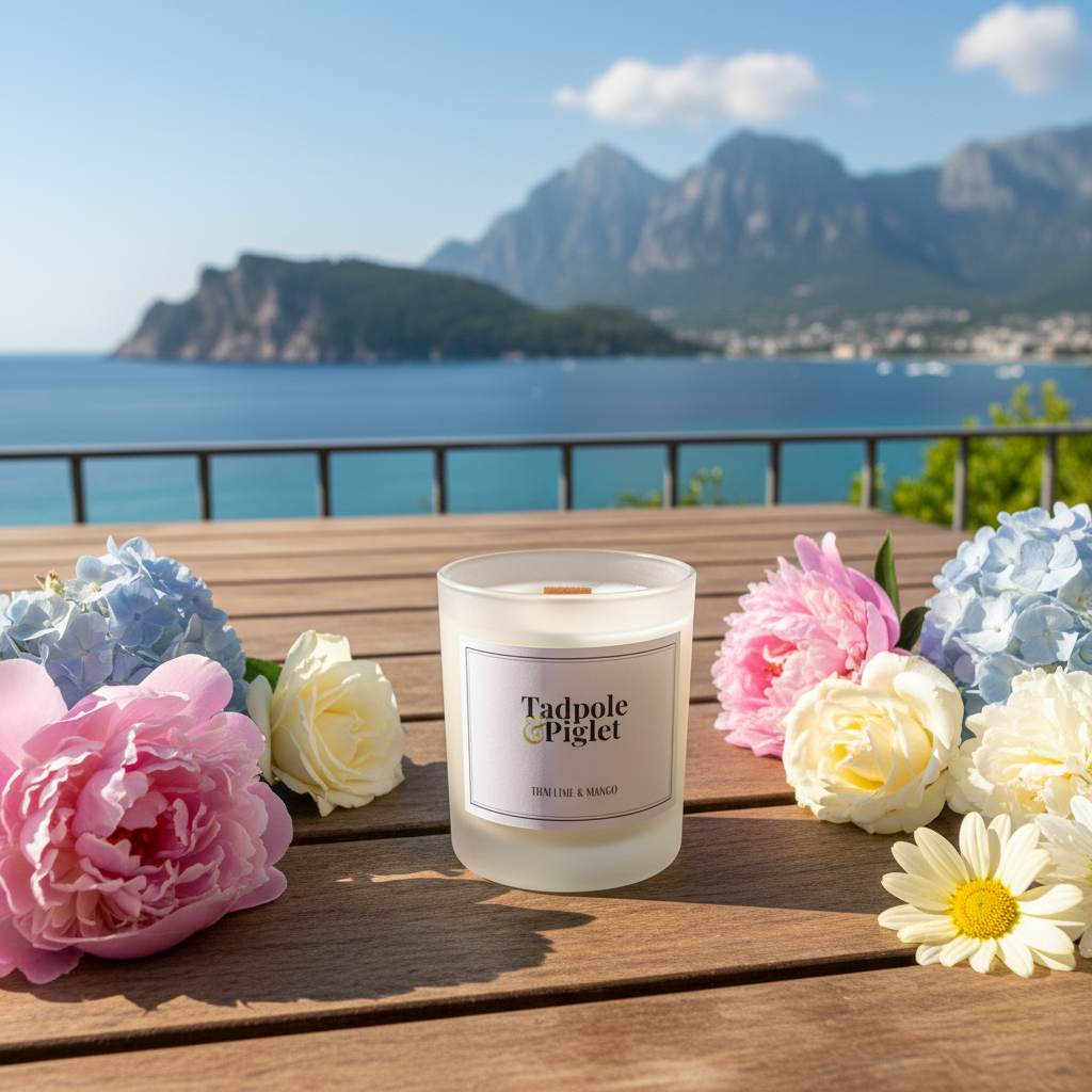 A Tadpole & Piglet Thai Lime & Mango Scented Candle, made with natural soy wax and an FSC-Certified Wooden Wick, sits on a wooden table among colorful flowers with scenic mountains, the sea, and a coastal town under a clear blue sky.