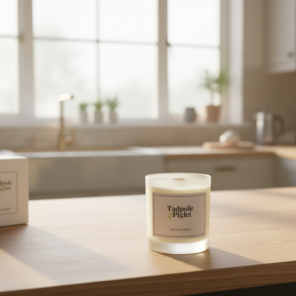A Tadpole & Piglet Thai Lime & Mango Scented Candle with an FSC-certified wooden wick sits on a wooden kitchen counter in sunlight, with its box and kitchen items softly blurred in the background.