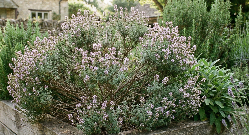Thyme Common growing in a wooden-edged garden bed in front of a stone house