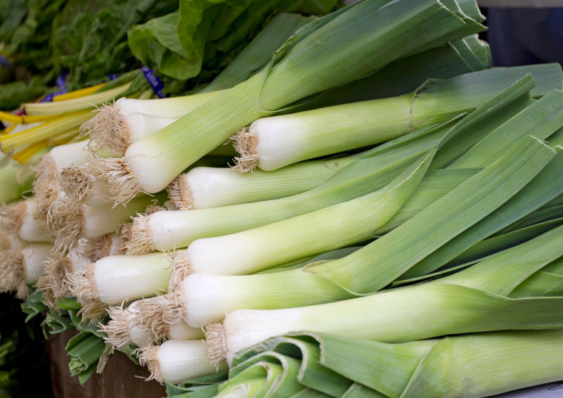Leek Musselburgh from Bishy Barnabees Cottage Garden Ltd is displayed at a market, showcasing fresh white stalks and green leaves neatly arranged against a rustic background.