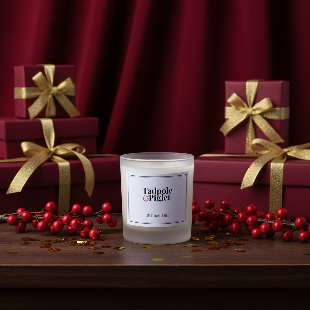 A Tadpole & Piglet Velvet Rose & Oud Scented Candle (Seconds) sits on a wooden surface with gold confetti, red berries, and burgundy gift boxes with gold ribbons. Burgundy curtains behind complete this luxury candle display.