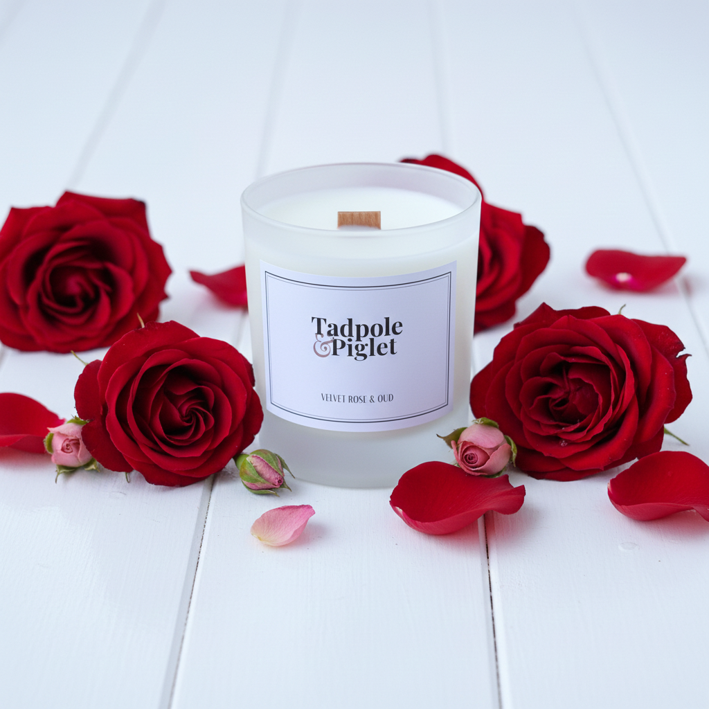 A Tadpole & Piglet Velvet Rose & Oud Scented Candle (Seconds) in a glass jar rests on a white surface, surrounded by red roses, rosebuds, and scattered petals.