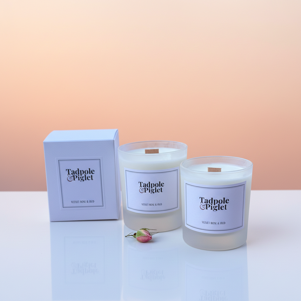 Two white Tadpole & Piglet Velvet Rose & Oud Scented Candle (Seconds) in glass jars sit beside a matching box and a pink flower bud on a soft gradient background.