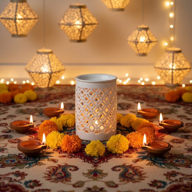 The Tadpole & Piglet White Matte Lattice Cut Wax Burner rests on a patterned rug amid glowing oil lamps and marigolds, with lanterns and string lights behind—ideal for a minimalist home fragrance setup.