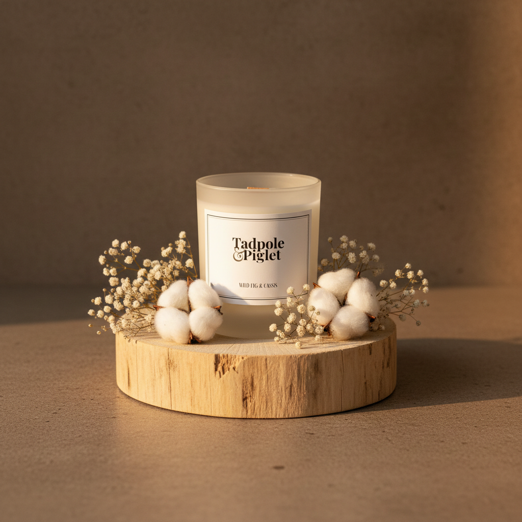 A Tadpole & Piglet Wild Fig & Cassis Scented Candle with a wooden wick rests on a round wooden platform, surrounded by baby's breath and cotton flowers, as warm natural light creates soft shadows.