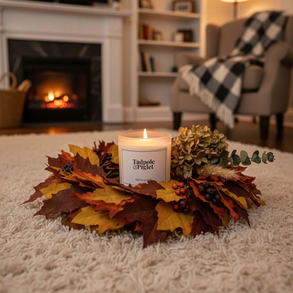 A Tadpole & Piglet Wild Fig & Cassis Scented Candle with a wooden wick glows in a glass holder, centered in an autumn leaf wreath on the carpet, as a cozy fireplace warms the inviting living room in the background.