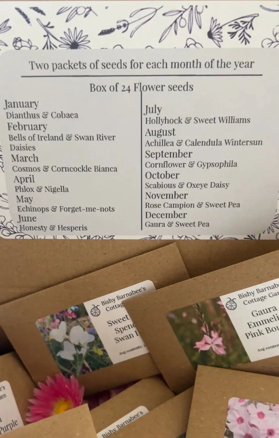 The "A Year in a Cottage Garden - Flower Box (24 Packs)" by Bishy Barnabees Cottage Garden Ltd features two labeled seed packets for each month, showcasing hardy annuals and cut flowers—ideal for planning your cottage garden.