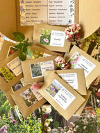 The Bishy Barnabees Cottage Garden Ltd "A Year in a Cottage Garden - Flower Box (24 Packs)" shows 24 flower seed packets, each matched to a month, with garden images for year-round cottage garden inspiration.