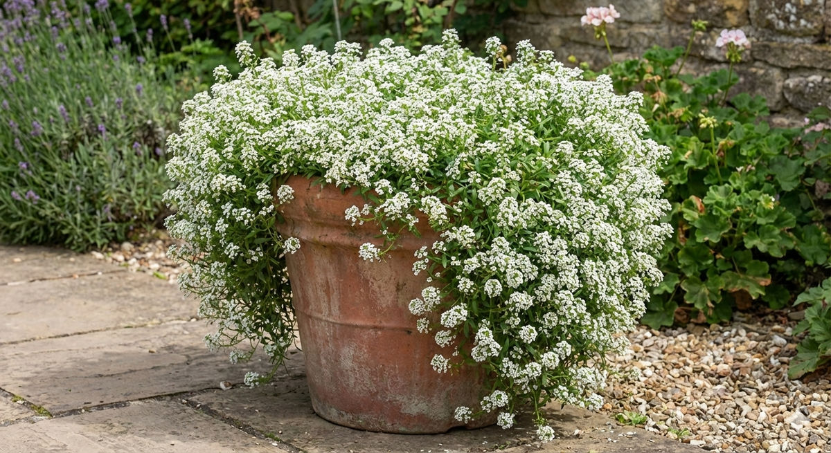Terracotta pot overflowing with white Alyssum Carpet of Snow on a stone patio
