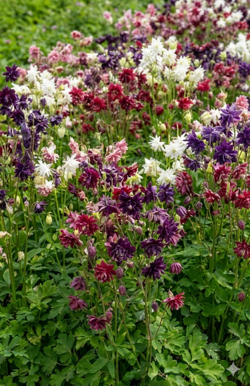 Aquilegia Barlow Mixed in white, pink and deep purple filling a cottage border