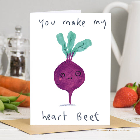 You Make My Heart Beet Love Card – smiling purple beetroot illustration