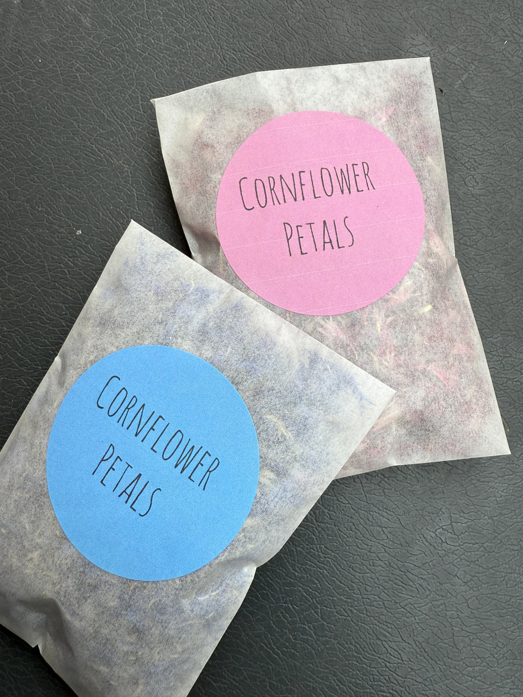 Dried Flower Petals – two glassine bags labelled Cornflower Petals in pink and blue