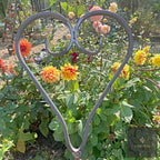 Close-up of the scrolled steel heart plant support framing orange dahlias