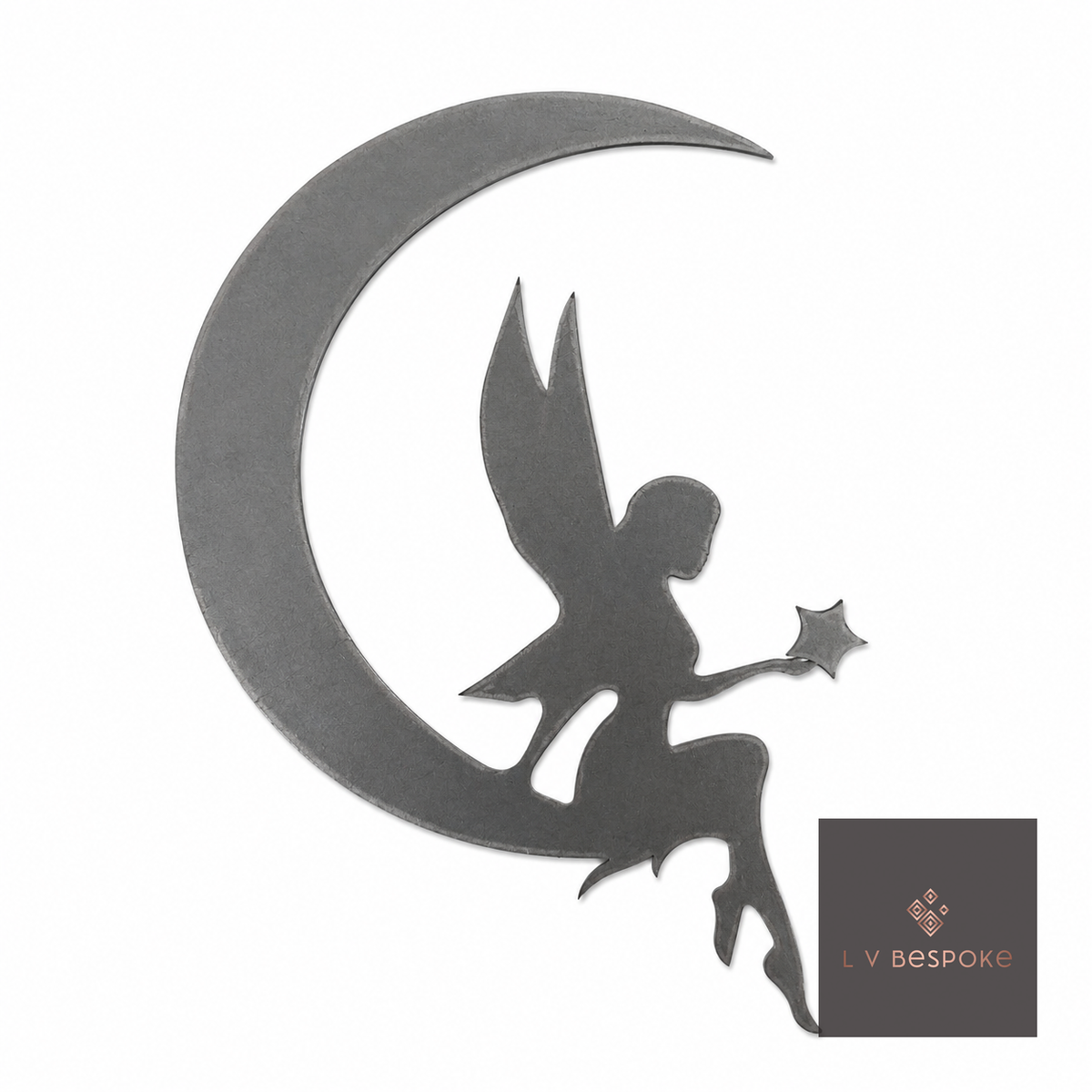 Cut steel fairy sitting on a crescent moon topper