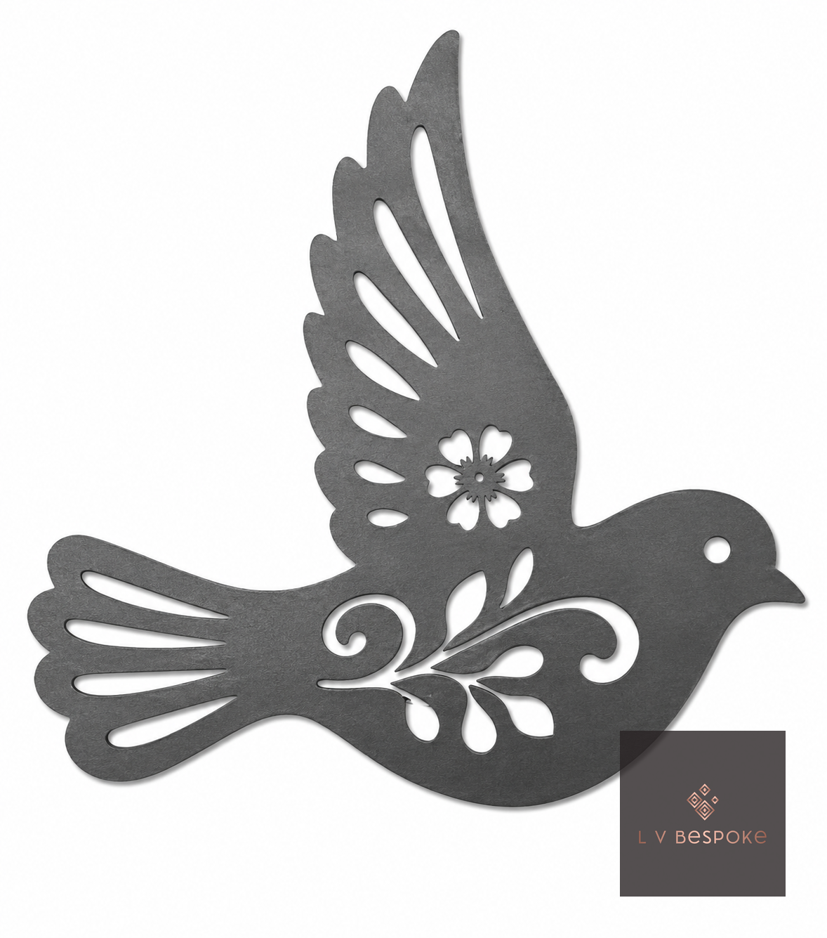 Dove silhouette with flower and scroll cut-outs in raw steel