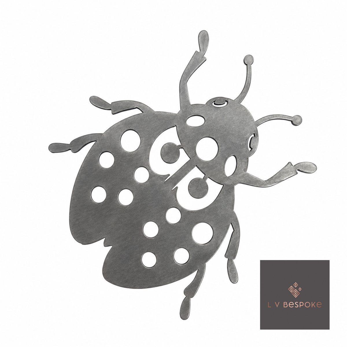 Ladybird silhouette with round cut-out spots in raw steel