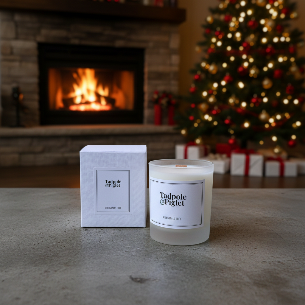 Christmas Tree Scented Candle beside its box on stone with a tree, fireplace and gifts