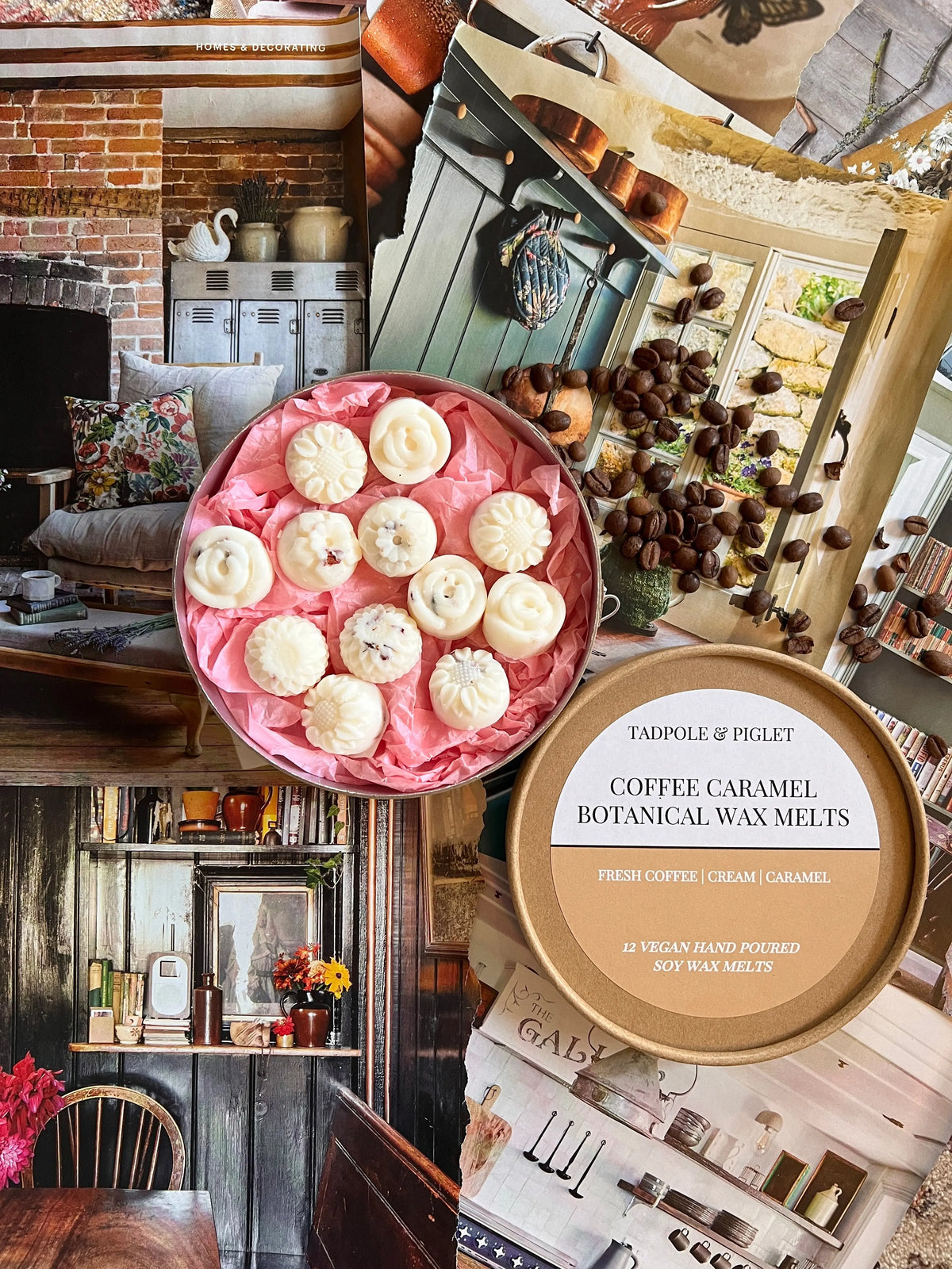 Coffee Caramel Botanical Wax Melts – open tin of pale melts on a coffee-themed backdrop