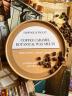 Coffee Caramel Botanical Wax Melts – labelled round tin lid among coffee beans