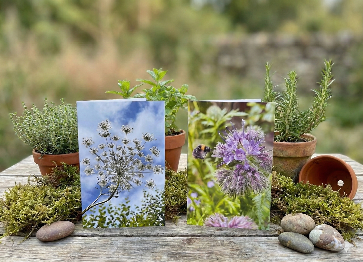 Collection of Four Greeting Cards on an outdoor table with potted herbs, moss and stones