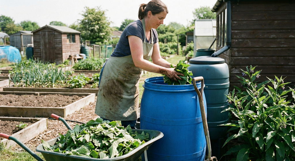 Woman on a sunny allotment adding Comfrey from a wheelbarrow to a blue barrel