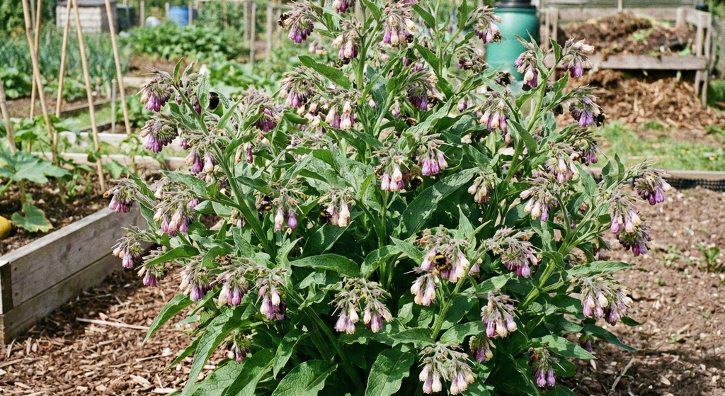 Comfrey with clusters of purple flowers growing in a garden plot