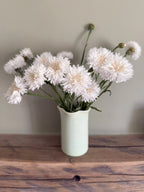 A Bishy Barnabees Cottage Garden "Cornflower Snowman" vase, filled with fluffy white double blooms, sits on a wooden surface against a plain light wall.