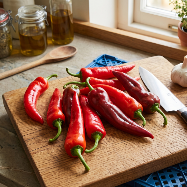 Corno di Toro Pepper – long red horn-shaped peppers on a wooden board with a knife