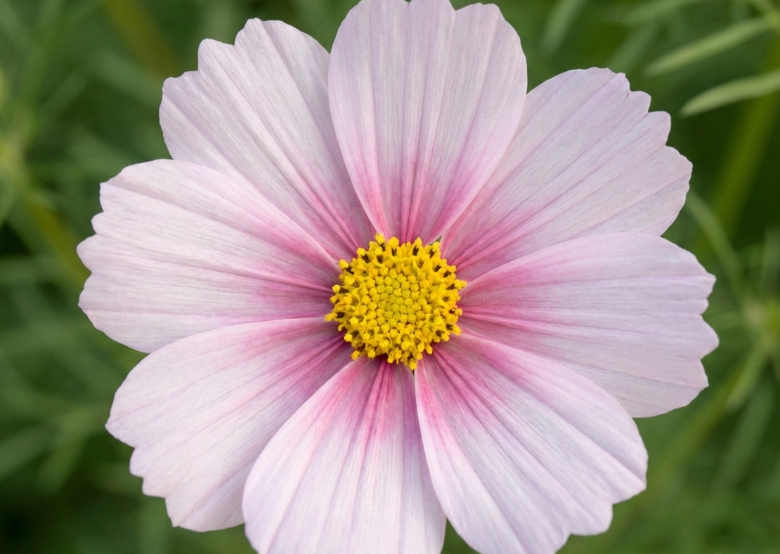 Cosmos Daydream – close-up of a pale pink bloom with a deeper pink eye and yellow centre
