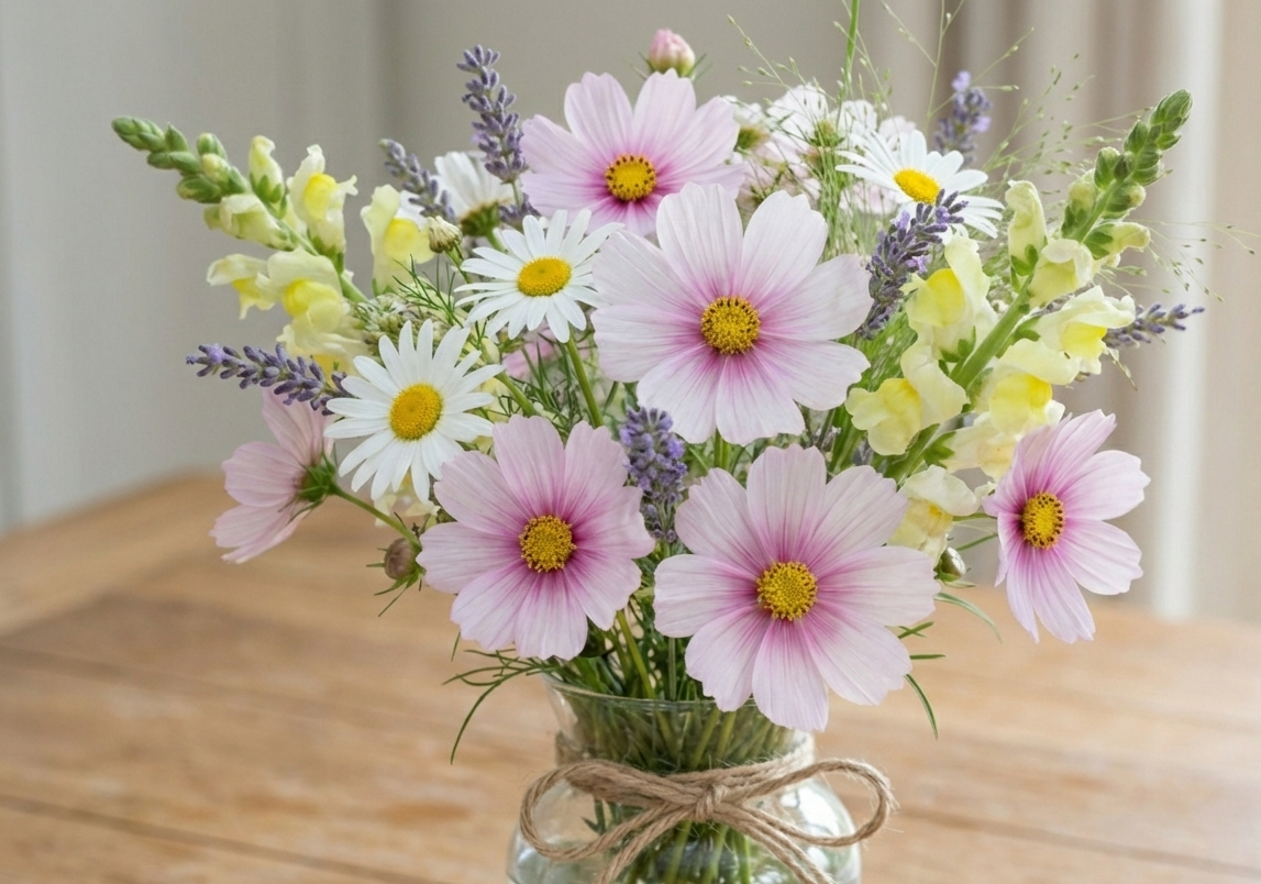 Cosmos Daydream in a glass jar with white and lemon flowers on a wooden table