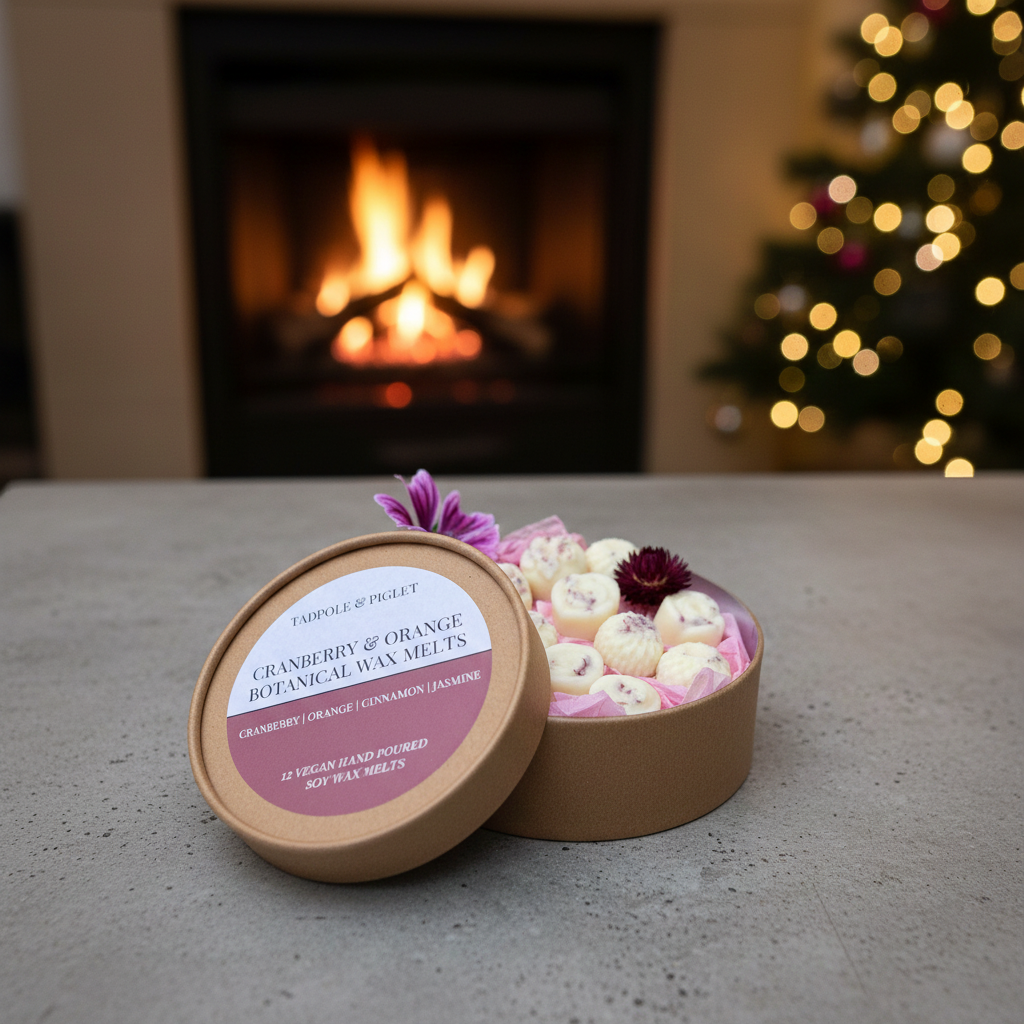 Open box of Cranberry & Orange Botanical Wax Melts with a fireplace and tree behind
