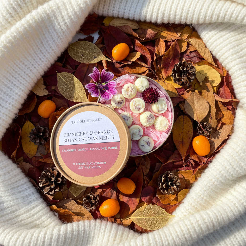 Cranberry & Orange Botanical Wax Melts tin open on autumn leaves with pinecones