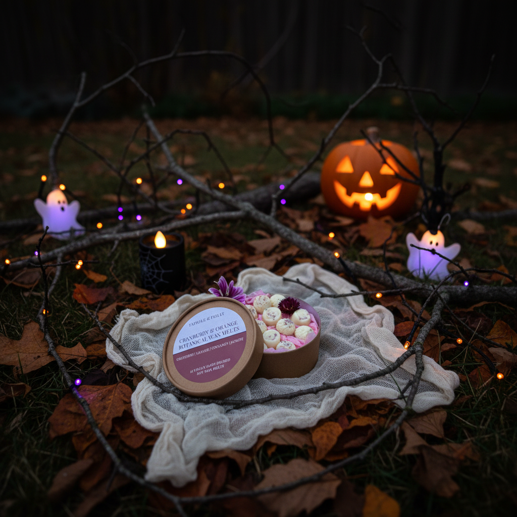 Cranberry & Orange Botanical Wax Melts in a Halloween scene with a jack-o'-lantern and lights
