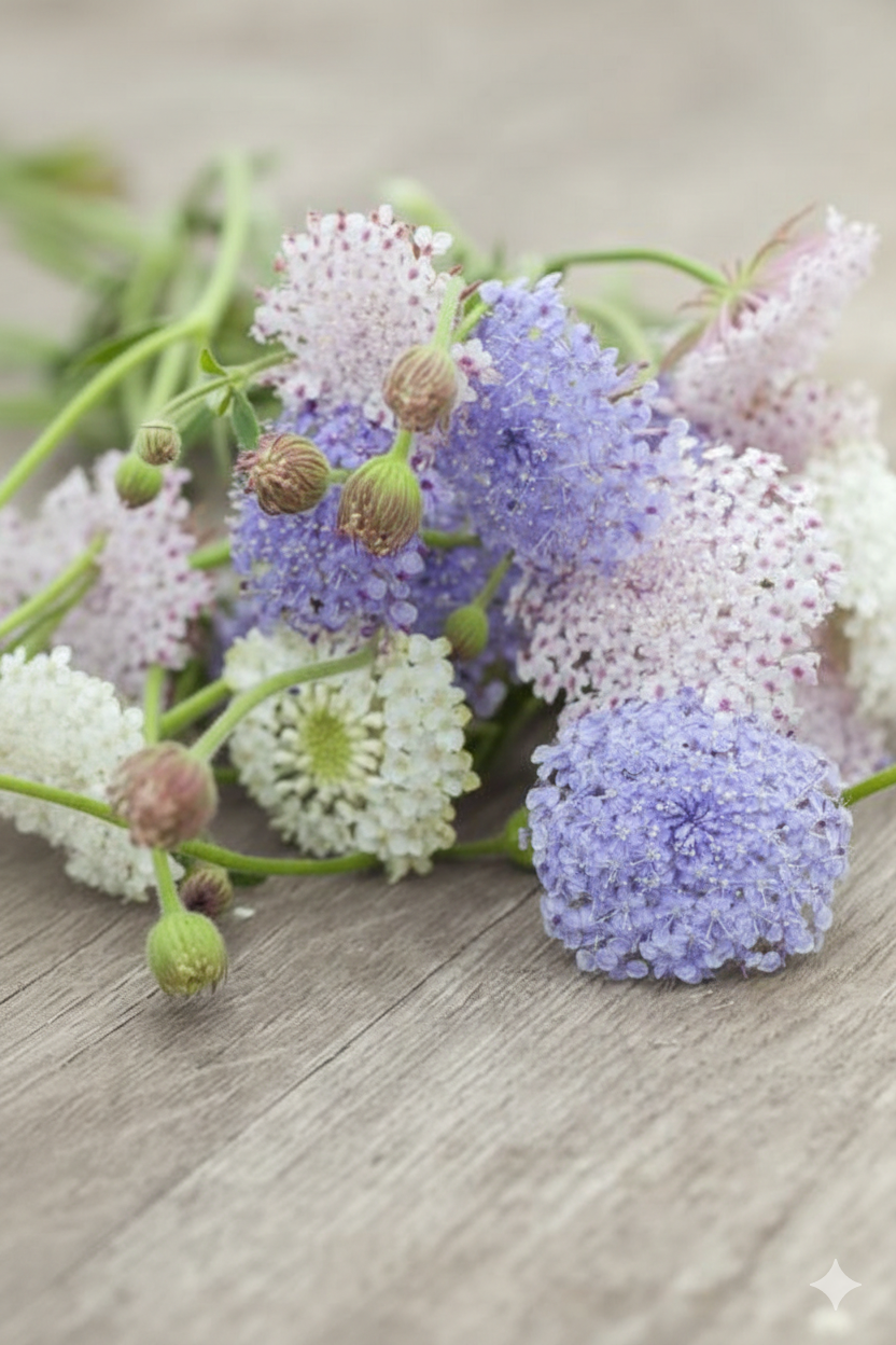 Didiscus Madonna Mixed – lavender, white and pale pink blooms on a wooden surface