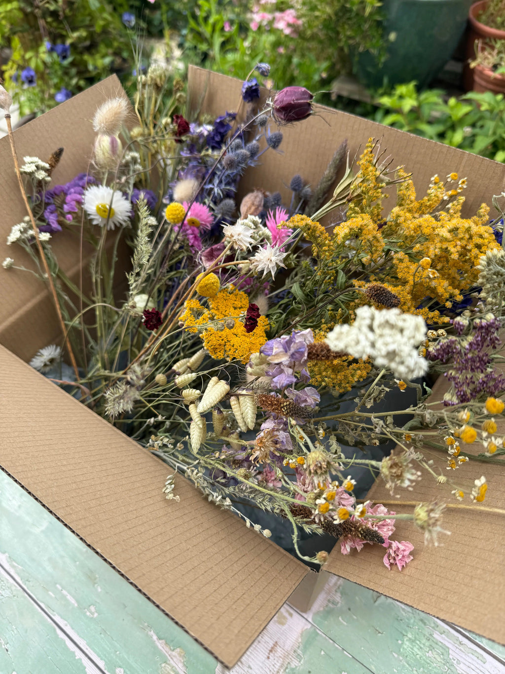Dried Flower Craft Box of yellow, purple, white and pink blooms on a weathered green surface