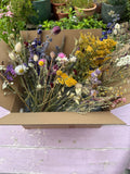The Bishy Barnabees Cottage Garden Dried Flower Craft Box offers assorted colorful dried wildflowers, ideal for resin jewellery supplies and creative projects. Displayed outdoors on a pink wooden table, it’s perfect for craft lovers.