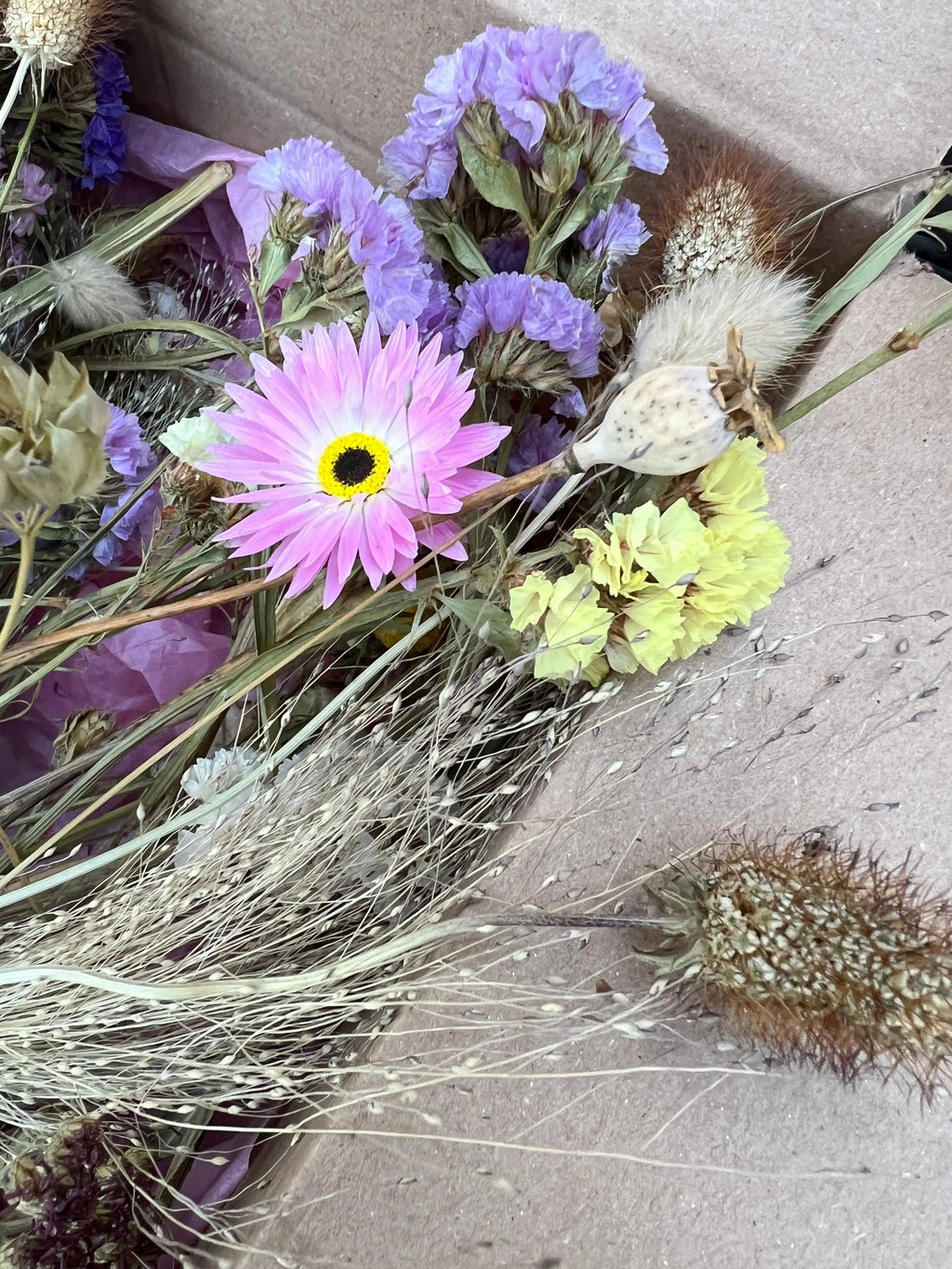Dried Flower Craft Box – pink daisy, purple and yellow blooms, seed pods and wheat grasses