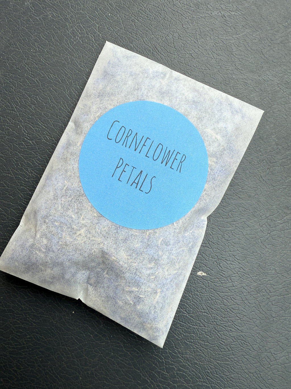 Dried Flower Petals – glassine bag of cornflower petals with round blue label