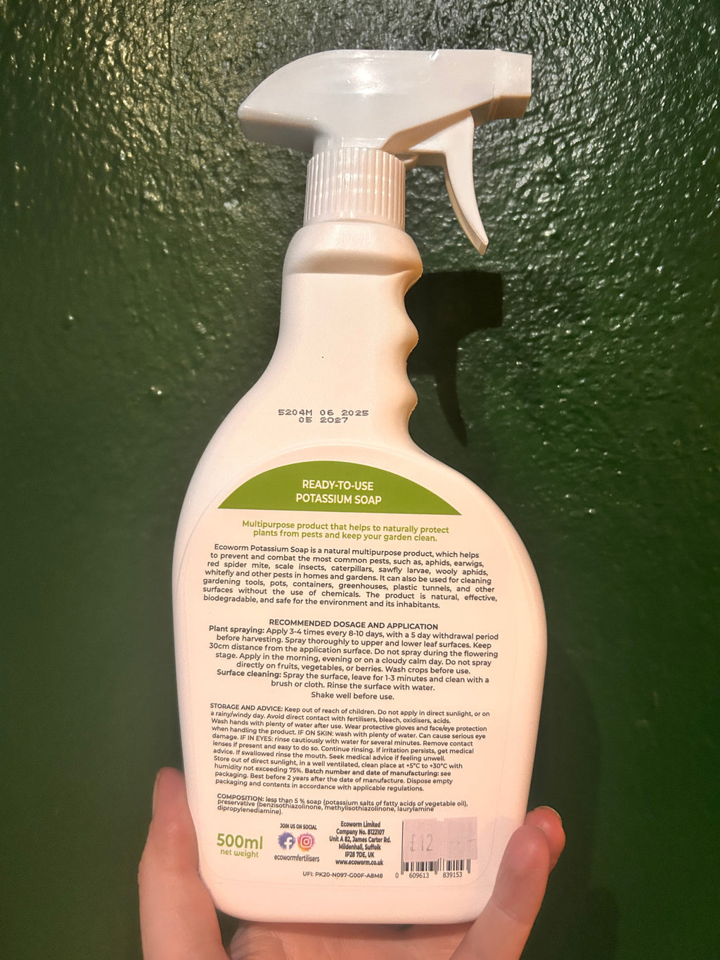 Ecoworm Potassium Soap – back label and directions on the spray bottle