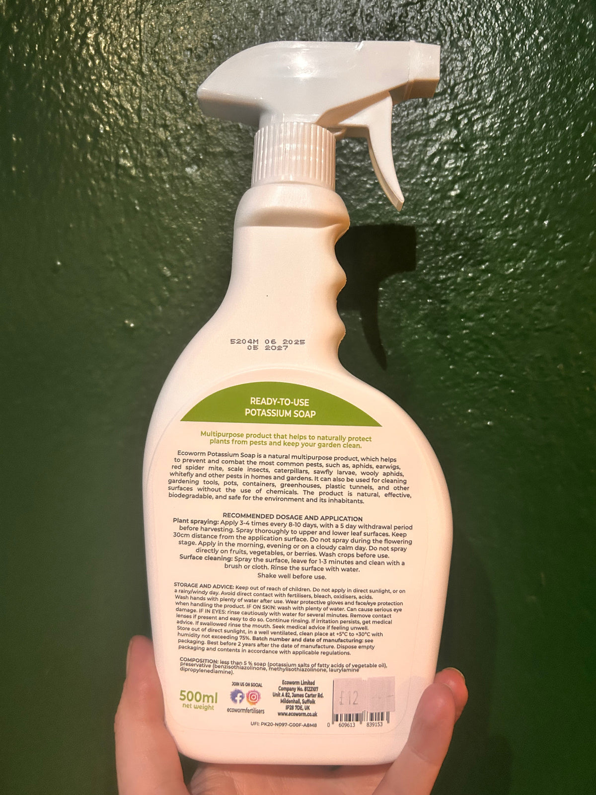Ecoworm Potassium Soap – back label and directions on the spray bottle