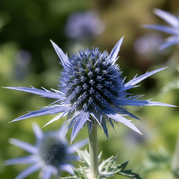 Eryngium (Sea Holly) – close-up of spiky blue flower heads on green stems