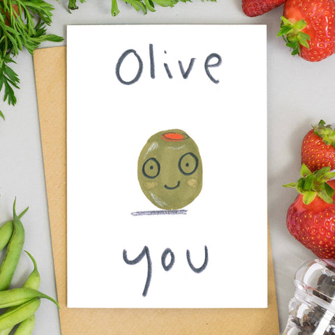 Olive You Card – smiling cartoon green olive, with strawberries and pea pods beside the card
