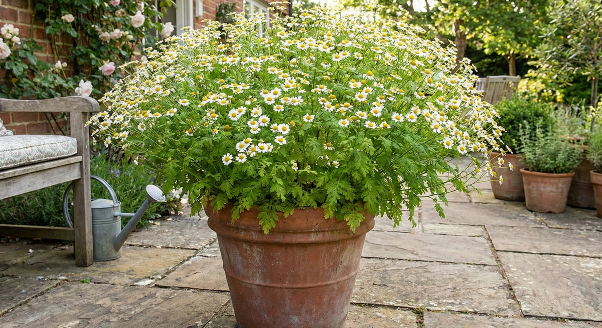 Feverfew flowering in a large terracotta pot on a stone patio beside a wooden bench