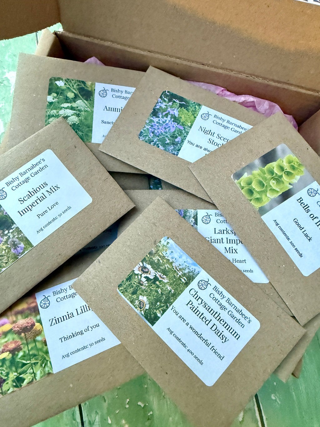 Floriography: The Little Box of Love open on green with brown paper seed packets spread out